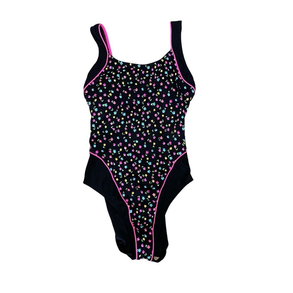 Vintage Le Cove Black & Pink Floral One Piece Swimsuit Women's Size 8 Tall